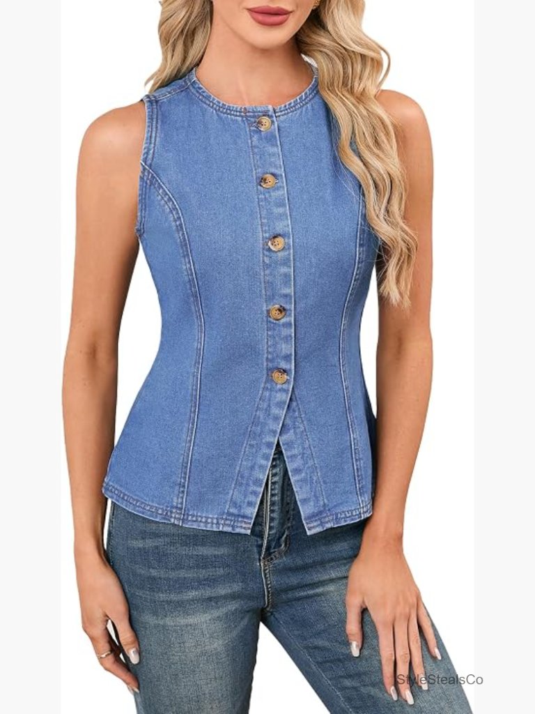 Women's Denim Vest Button Down Tank Top Sleeveless Jean Waistcoat With Back Tie
